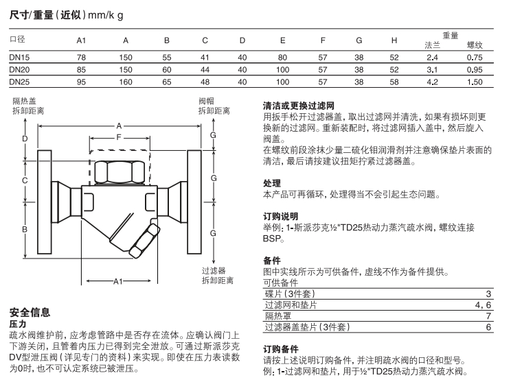 TD25和TD25F熱動力蒸汽疏水閥尺寸重量