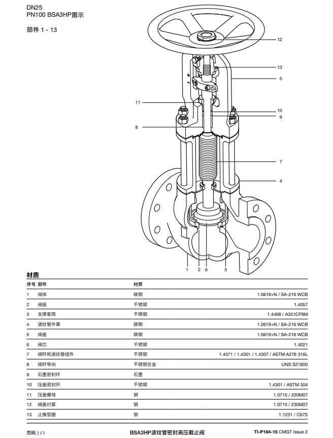 斯派莎克波紋管密封高壓截止閥BSA3HP結(jié)構(gòu)，材質(zhì)